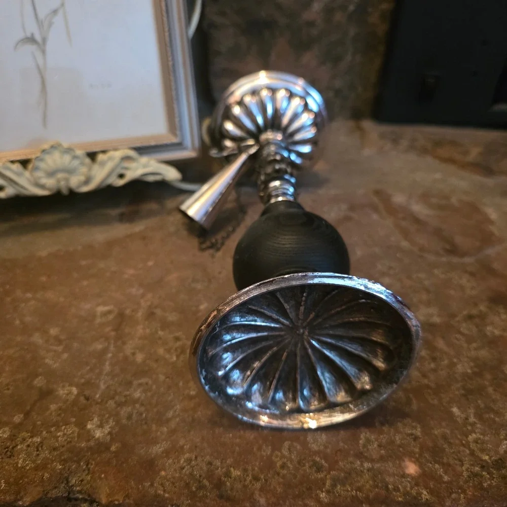 Vintage Silver Tone Metal Wood Candlestick Holder with Attached Snuffer 9.5in
